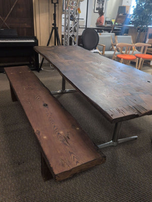 live Edge solid Redwood Table & Benches with Steel Pedestal Legs