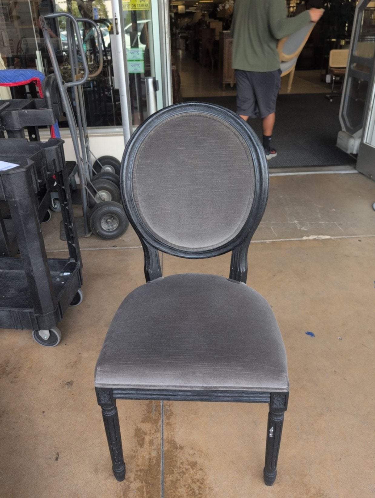 Black painted coin back, single dining chair with gray velvet fabric ...