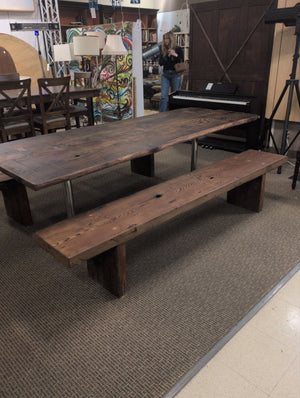 live Edge solid Redwood Table & Benches with Steel Pedestal Legs