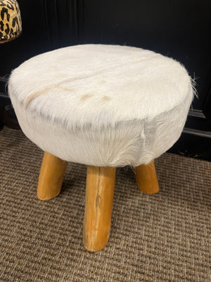 Cowhide Milk Stool Hand Carved Wood Leg