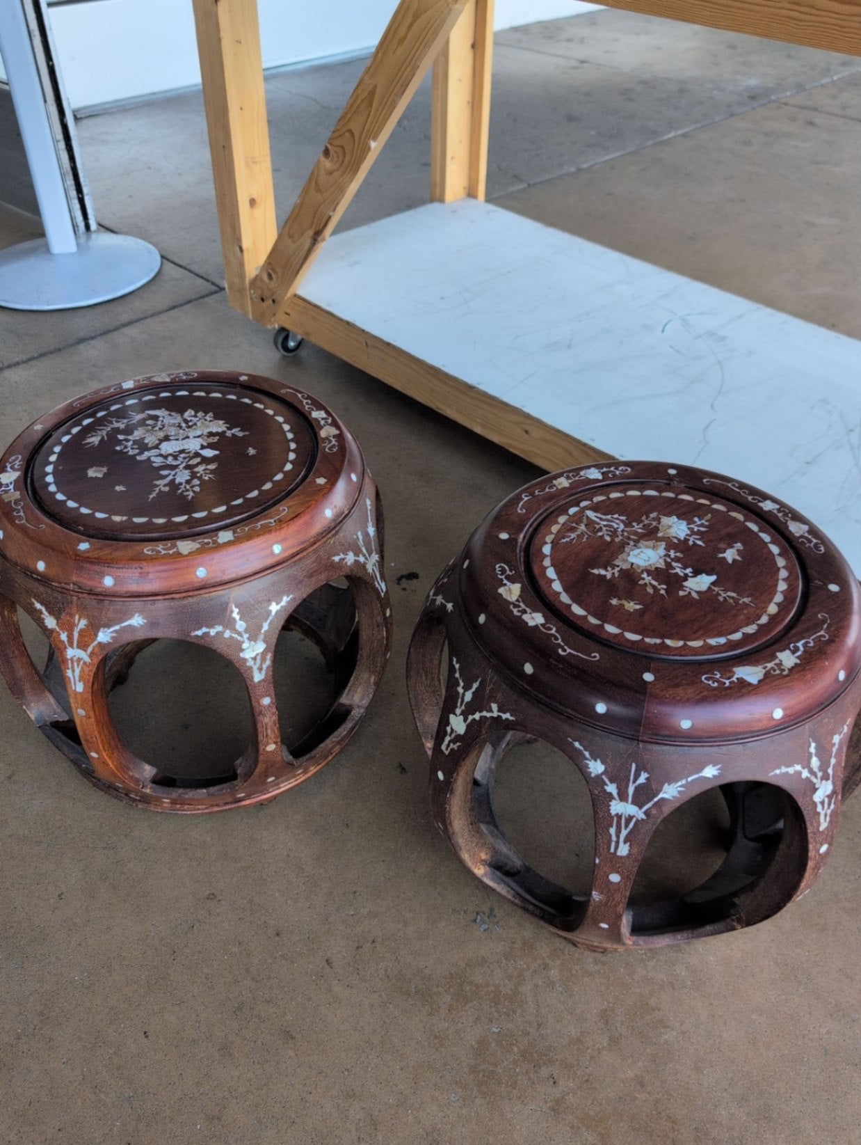 Chinese Mother Of Pearl Inlaid Stools (pair)