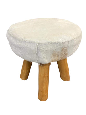 Cowhide Milk Stool Hand Carved Wood Leg