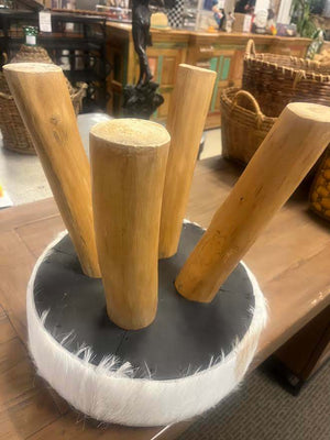 Cowhide Milk Stool Hand Carved Wood Leg