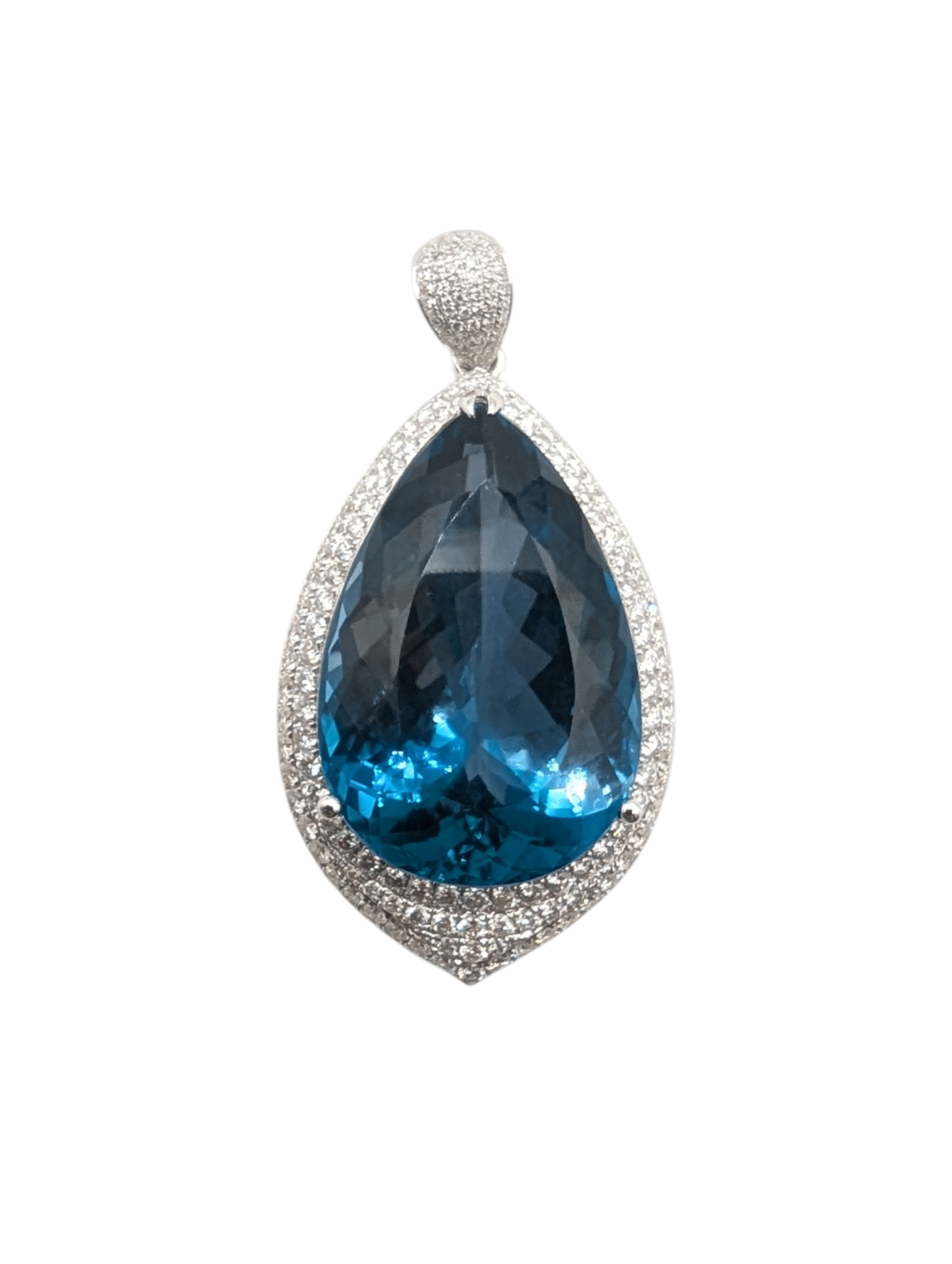 Pendant 18k White Gold w/ Large Pear Shaped Blue Topaz & Diamonds