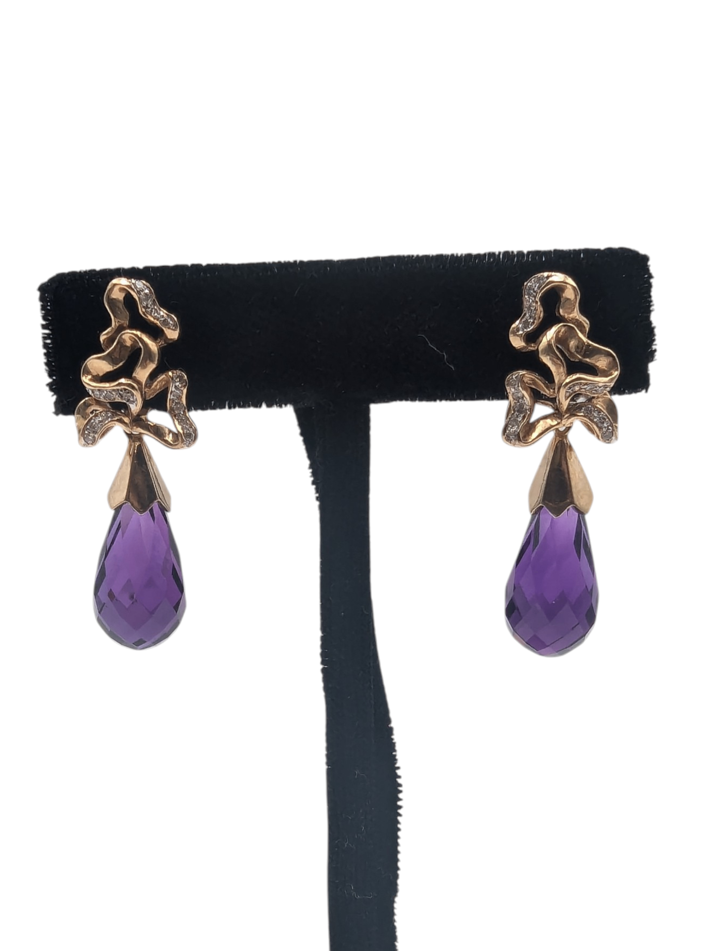 Earrings 14k Yellow Gold w/ Briolette Amethyst & Diamonds