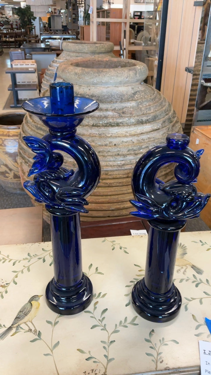 Archimede Seguso Murano Blue Candlesticks (Pair)