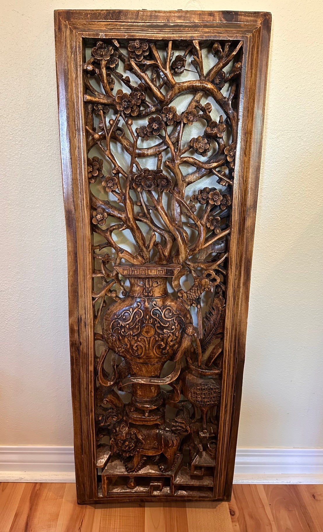 Chinese Hand-Carved Wood Wall Panel