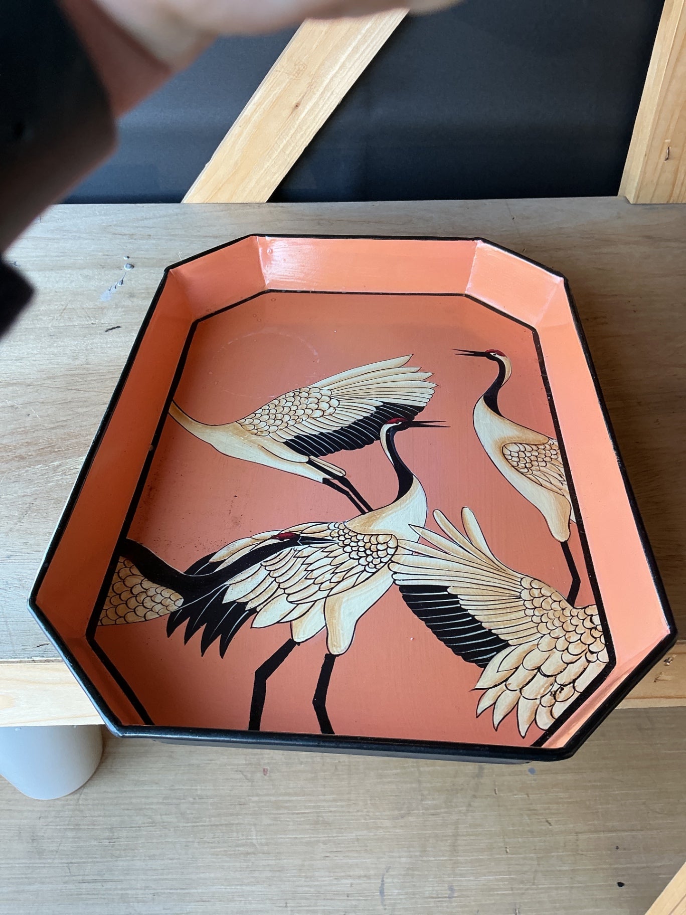 Les Ottoman painted tray with cranes