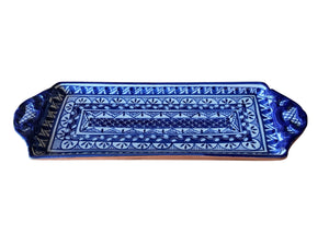 Signed terra-cotta tray with blue enamel glaze