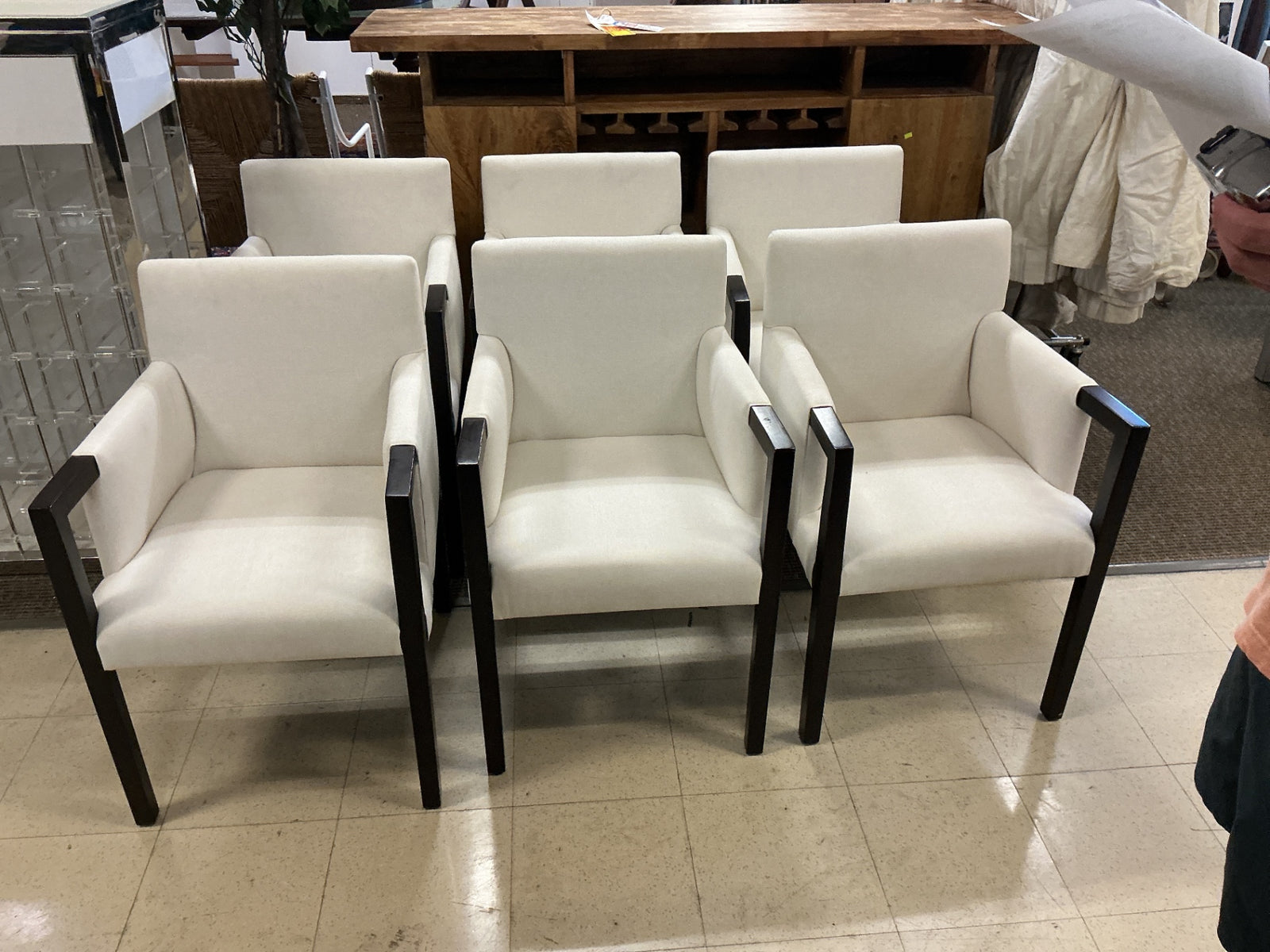 Upholstered, black and white dining chairs with arms set of six