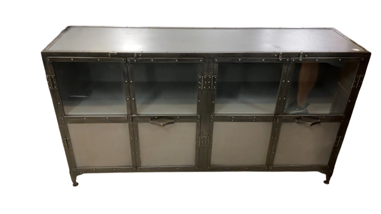 Industrial metal and glass sideboard