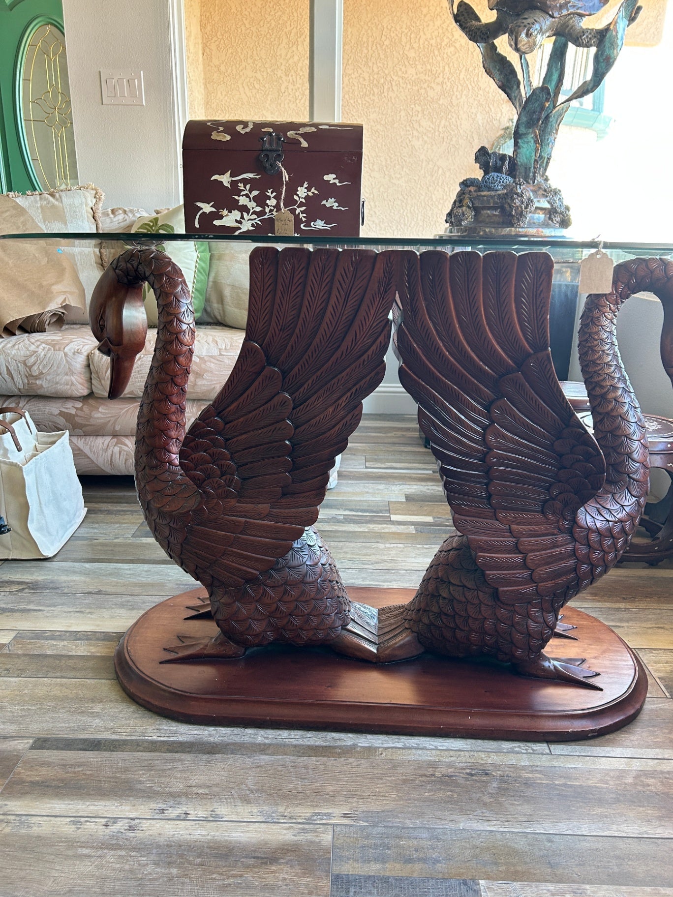 Carved Wood Glass Top Table