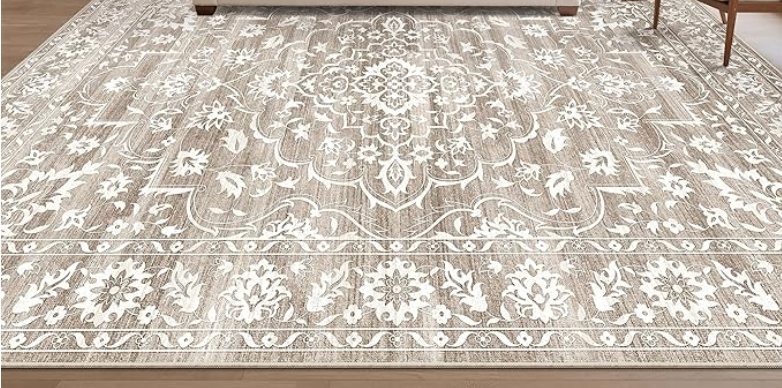 Soft, Cream & Taupe Floral + Vine Patterned Area Rug 10ft x 14ft