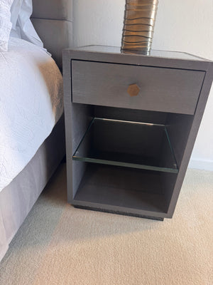 Gray Textured Side Tables With Blue Glass Top & Glass Shelves (PAIR) 19" W x 19" D x 28.5" T