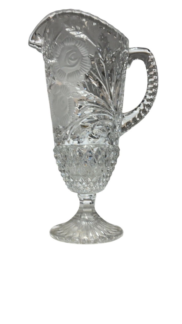 Vintage Anna Hutte Bleikristall Crystal Footed Pitcher w/ Etched Roses
