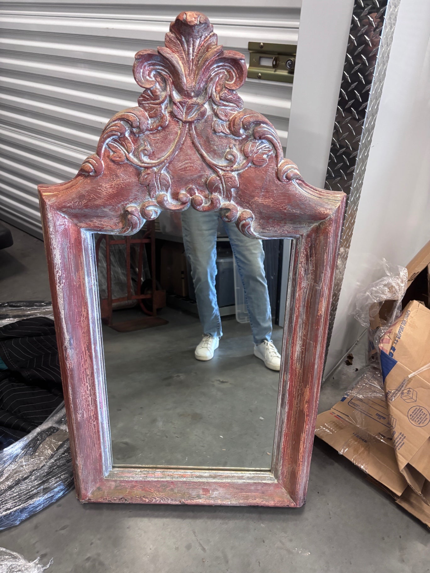 Ornate Spanish  Red Patina  Painted Mirror