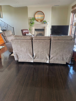 LA Z Boy Grayish Tan Microsuede Power Reclining Sofa