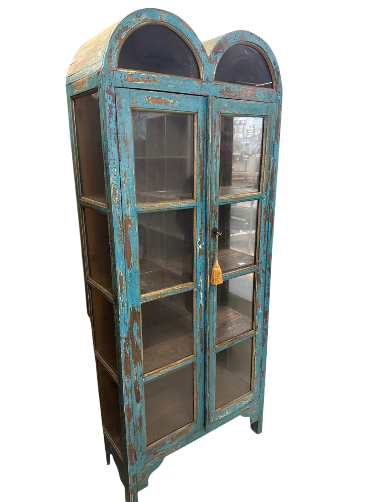 Antique Naturally Distressed Blue Arched Glass Cabinet