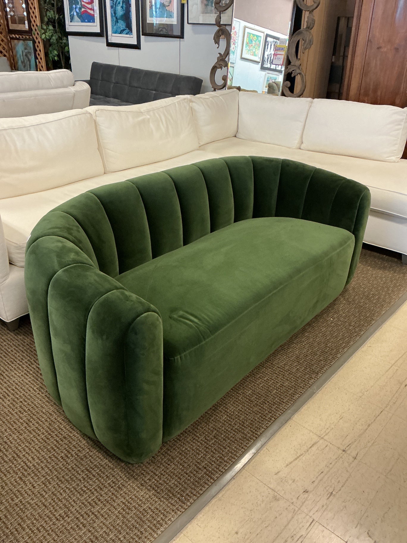 CB2  Channeled Green Velvet Loveseat