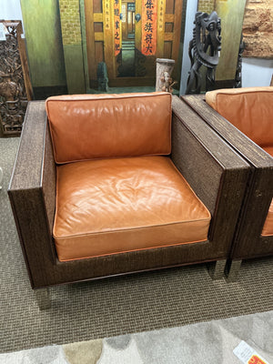 Custom Leather & Wicker Square Armchairs (pair)