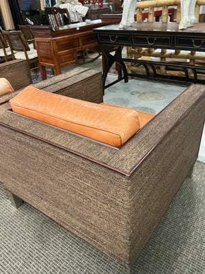 Custom Leather & Wicker Square Armchairs (pair)