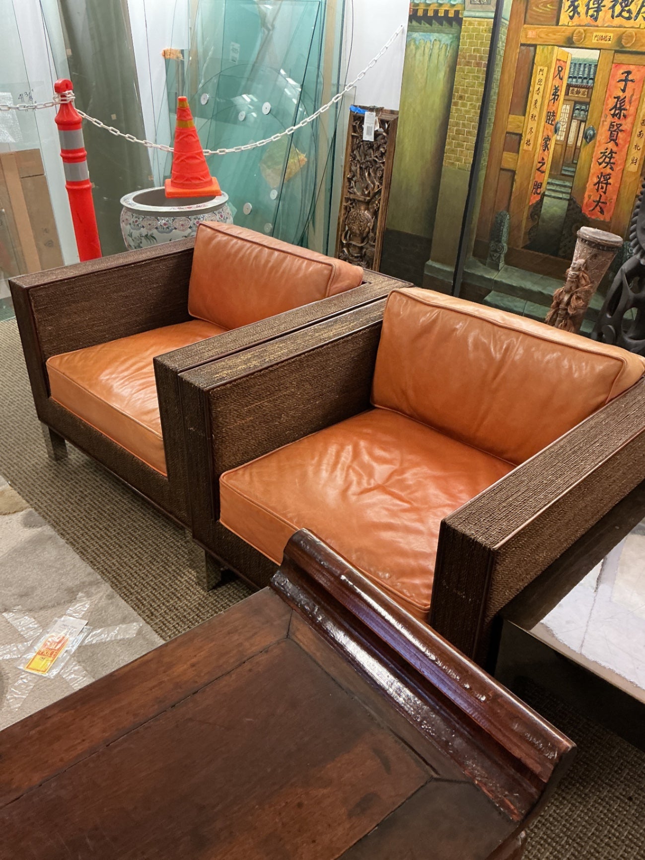 Custom Leather & Wicker Square Armchairs (pair)