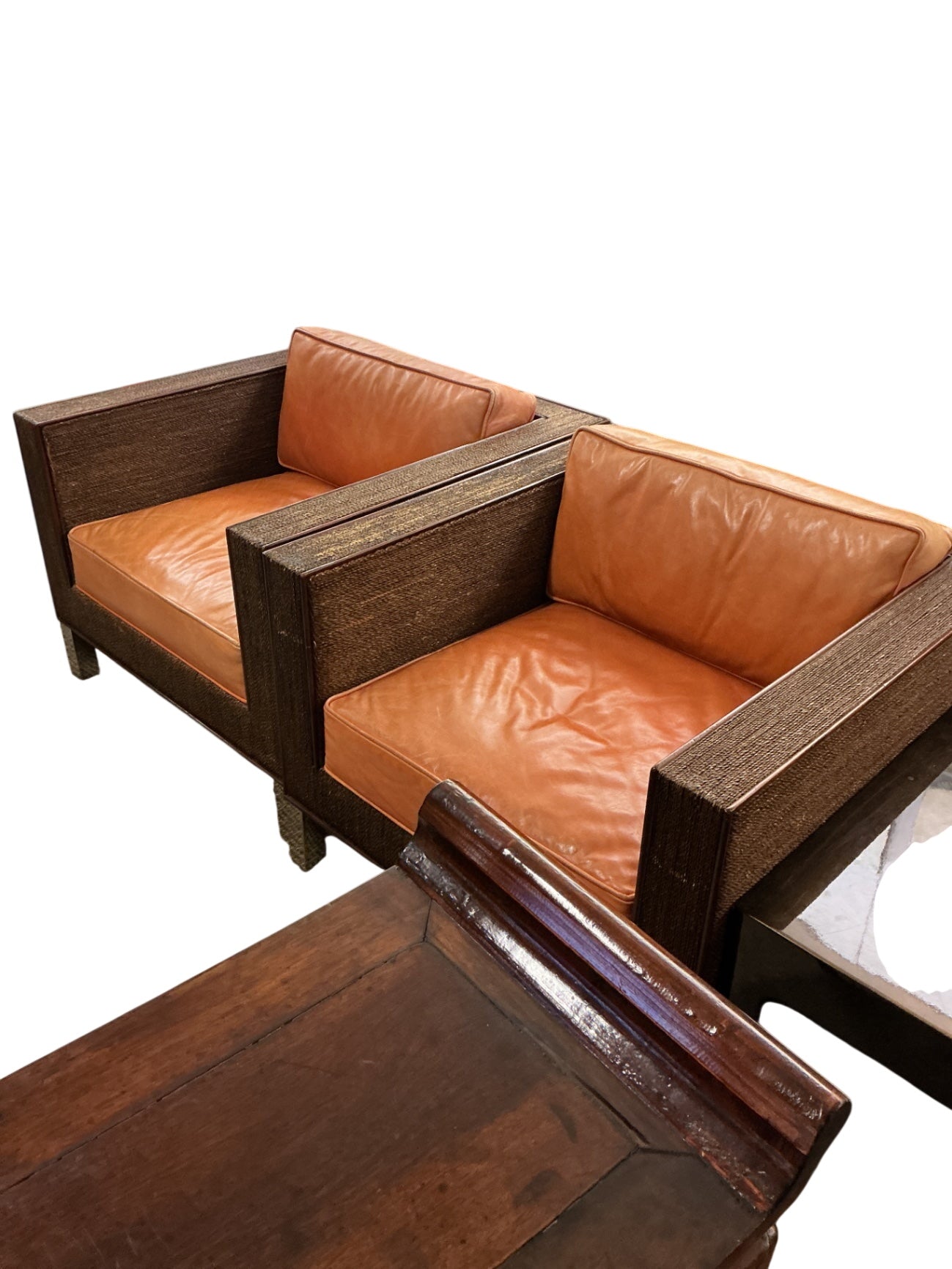 Custom Leather & Wicker Square Armchairs (pair)