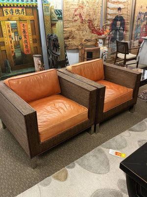 Custom Leather & Wicker Square Armchairs (pair)