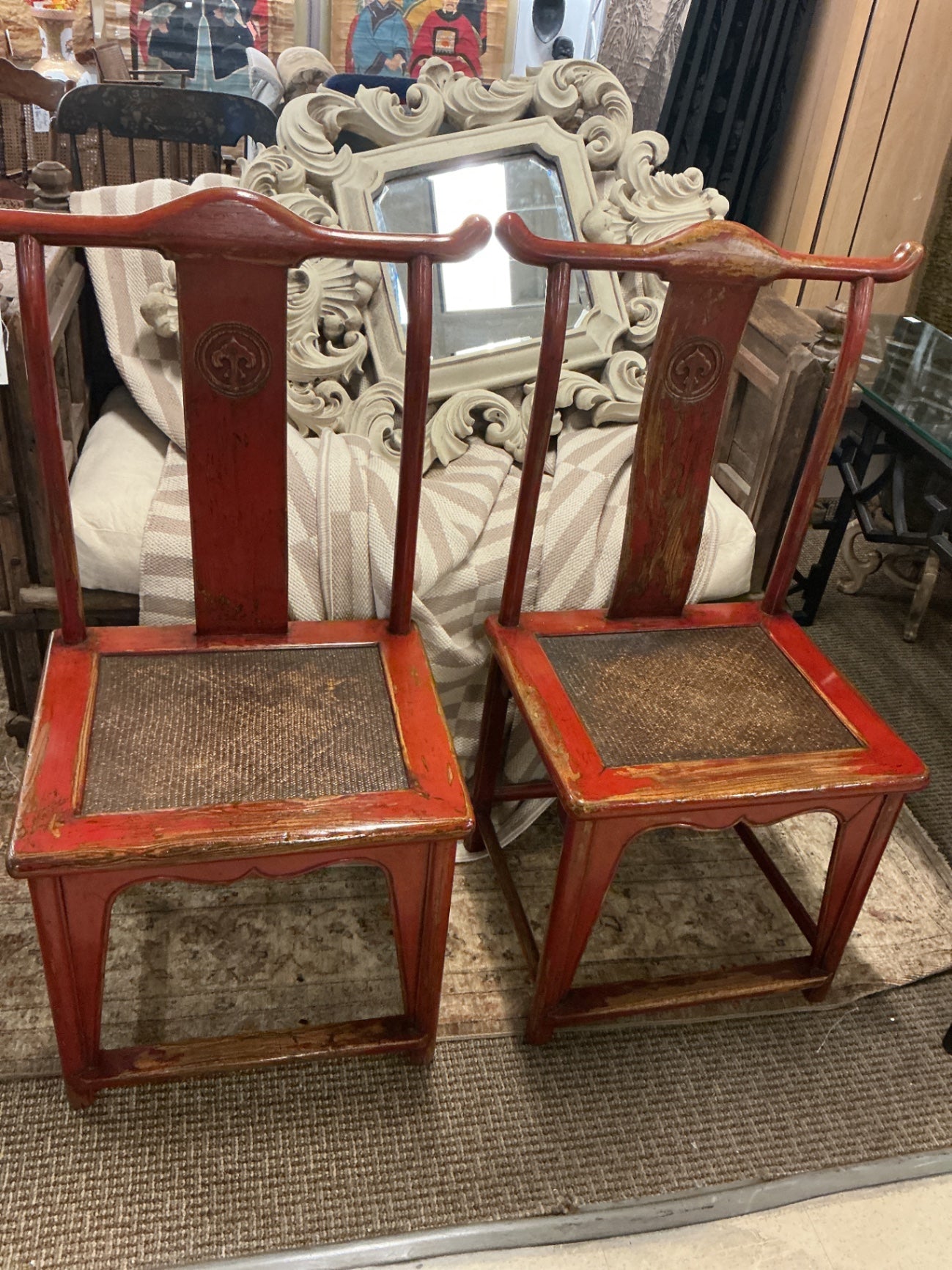 Chinese Qing Dynasty Red Lacquered Chairs (pair)