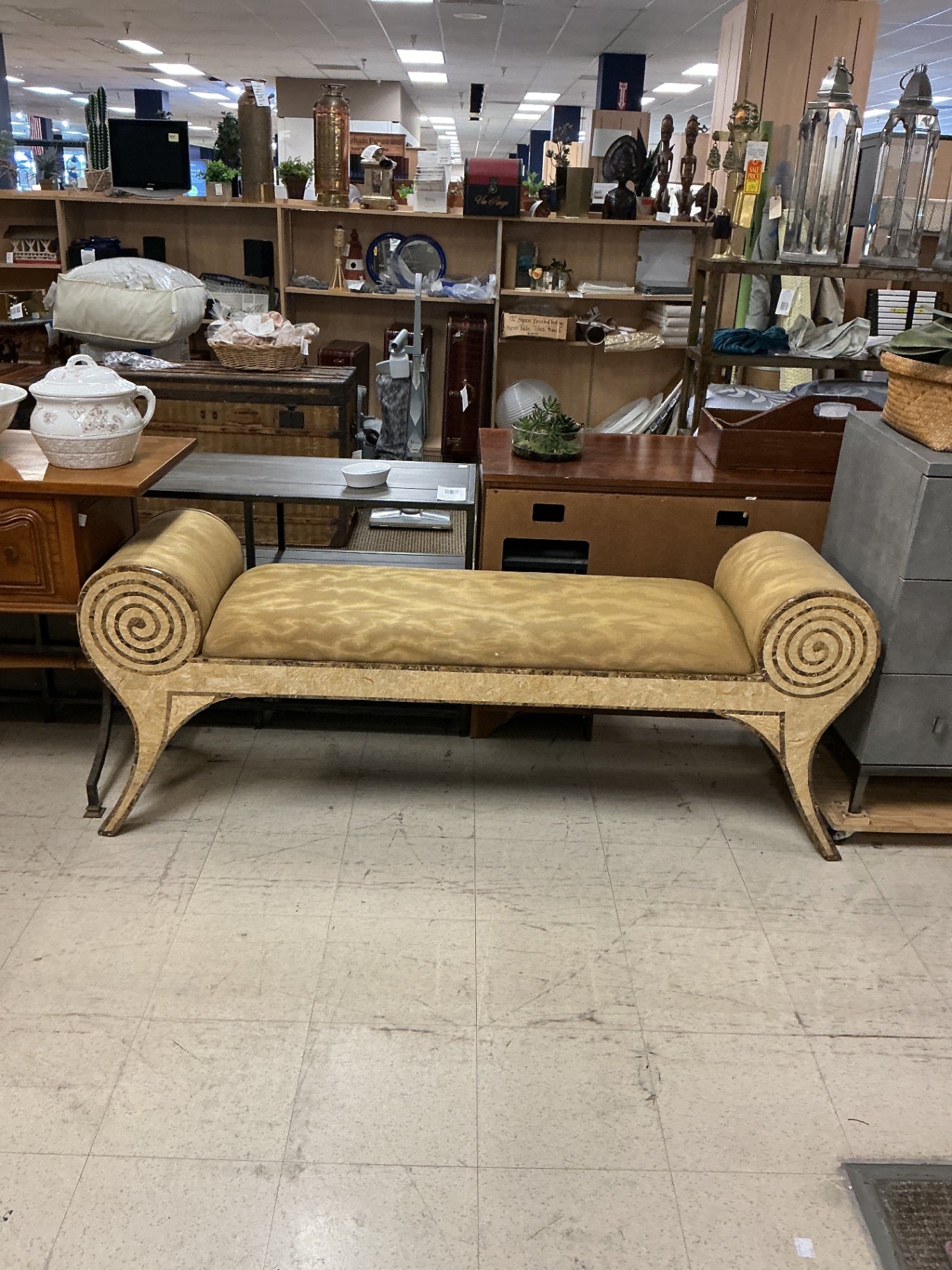 Mid Century Modern Tessellated Stone Scroll Arm Bench