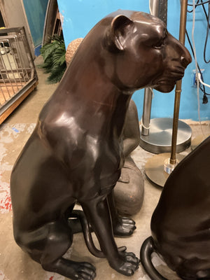 Life Size Bronze Sitting Black Panthers (Pair)