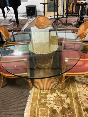McGuire Shaft of Wheat Bamboo Pedestal Oval Glass Dining Table +6 Chairs
