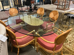 McGuire Shaft of Wheat Bamboo Pedestal Oval Glass Dining Table +6 Chairs