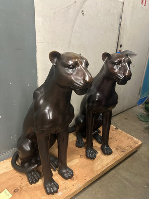 Life Size Bronze Sitting Black Panthers (Pair)