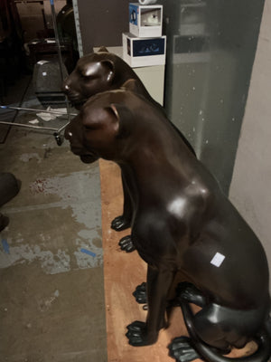 Life Size Bronze Sitting Black Panthers (Pair)