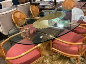 McGuire Shaft of Wheat Bamboo Pedestal Oval Glass Dining Table +6 Chairs