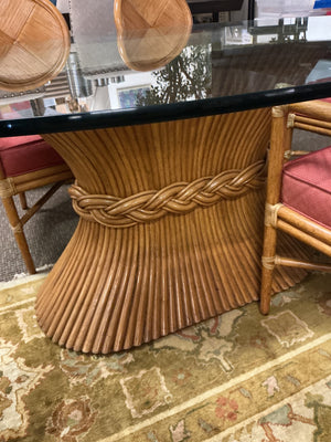 McGuire Shaft of Wheat Bamboo Pedestal Oval Glass Dining Table +6 Chairs