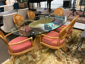 McGuire Shaft of Wheat Bamboo Pedestal Oval Glass Dining Table +6 Chairs