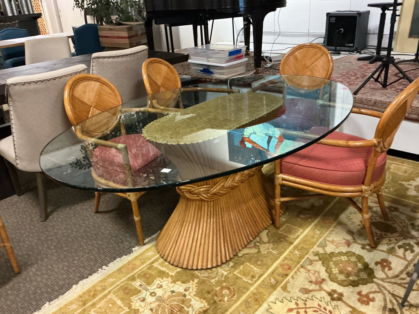 McGuire Shaft of Wheat Bamboo Pedestal Oval Glass Dining Table +6 Chairs