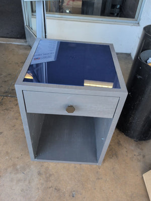 Gray Textured Side Tables With Blue Glass Top & Glass Shelves (PAIR) 19" W x 19" D x 28.5" T