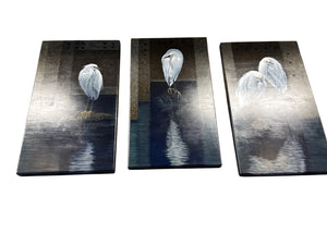 Claire Duncan "Snowy Egrets" Triptych panels-38x21