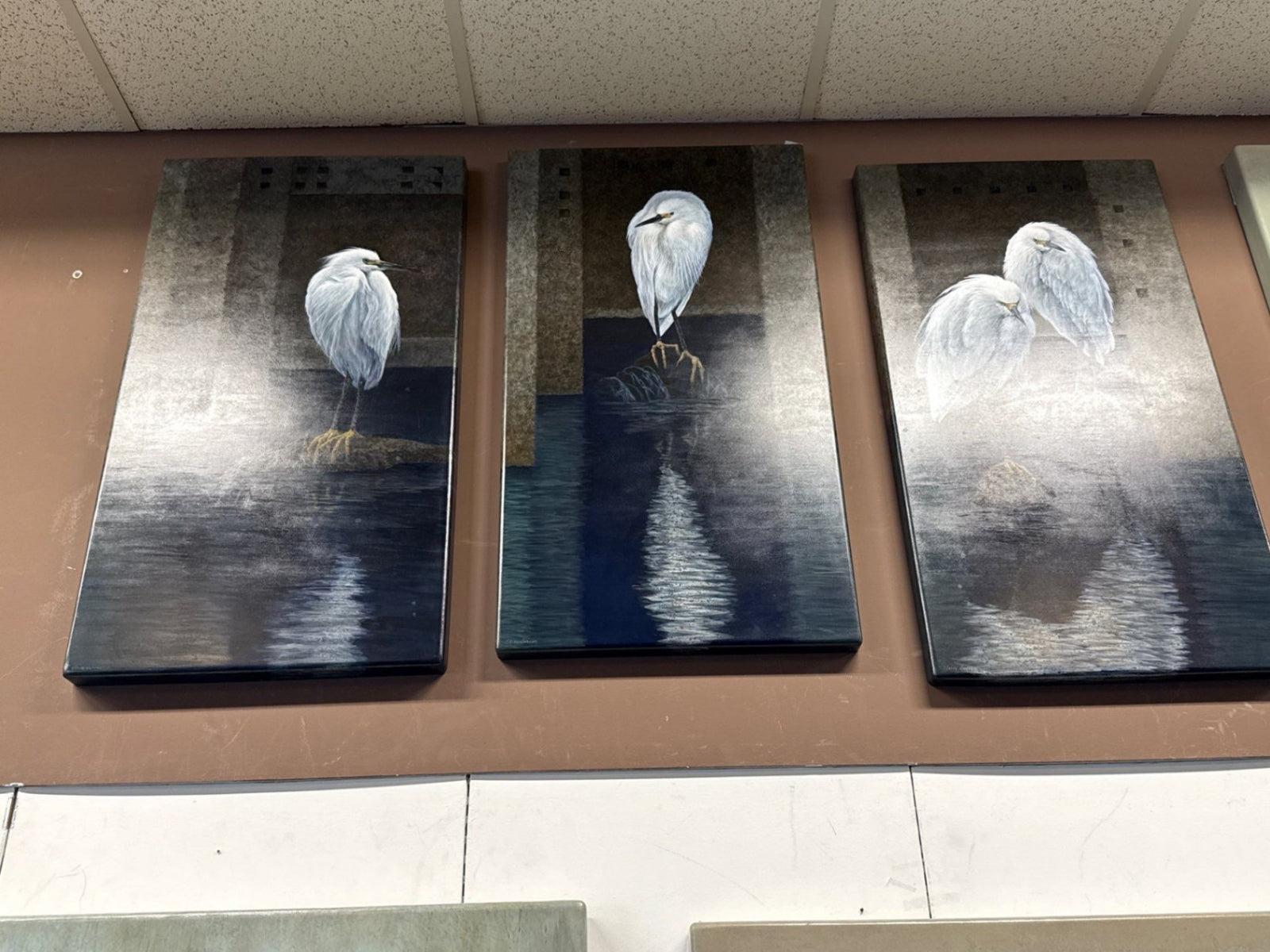 Claire Duncan "Snowy Egrets" Triptych panels-38x21