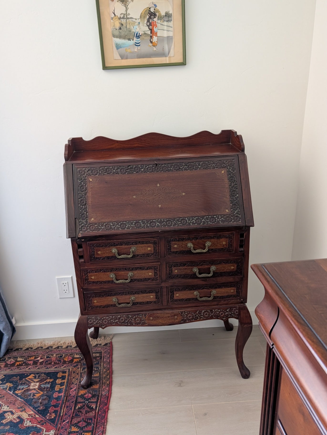 Carved Indian Style Secretary Desk
