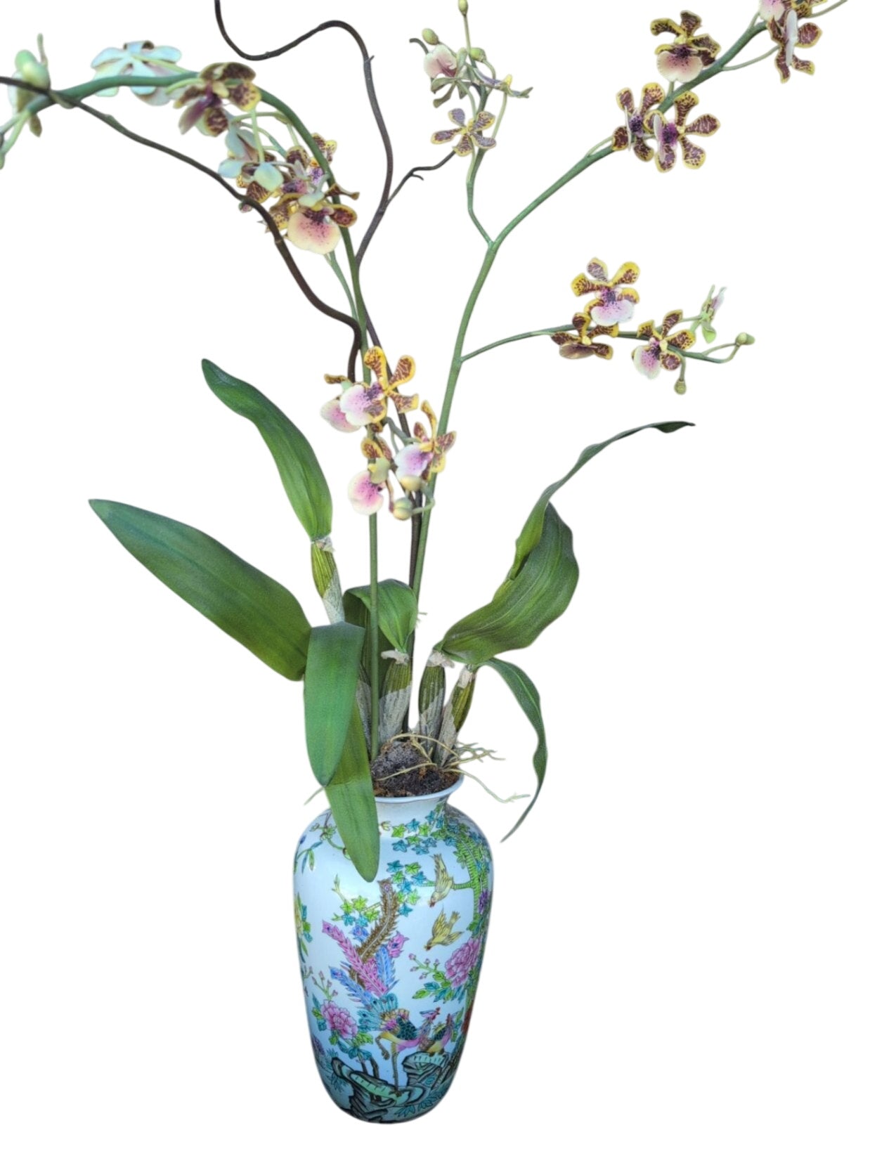 Asian Vase With Faux Orchid