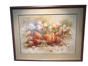 Watercolor of pumpkins by P. Cummings.