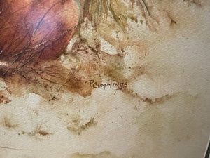 Watercolor of pumpkins by P. Cummings.
