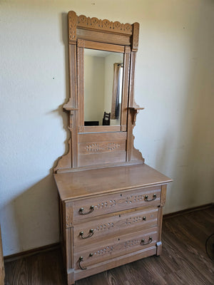 Vintage Ornate Carved Wood Dresser With Attached Mirror