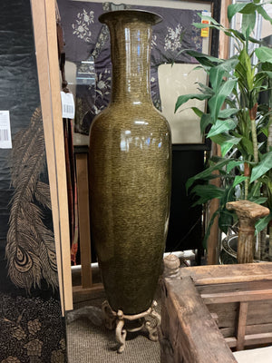 Olive Green Oversized Trumpet Neck Fossilized Tree Bark Pattern Metal Floor Vase 71 x 22
