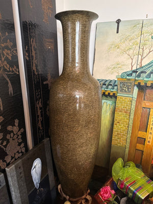 Olive Green Oversized Trumpet Neck Fossilized Tree Bark Pattern Metal Floor Vase 71 x 22
