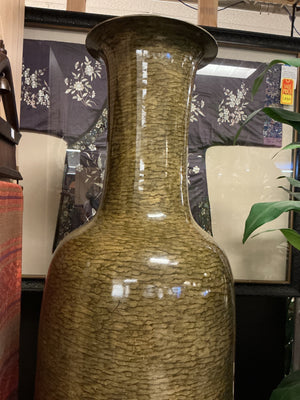 Olive Green Oversized Trumpet Neck Fossilized Tree Bark Pattern Metal Floor Vase 71 x 22